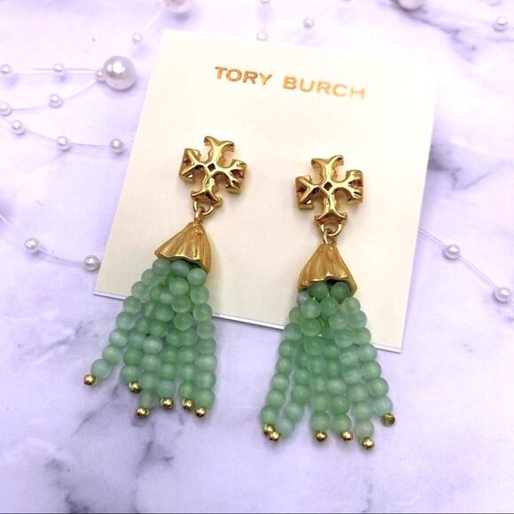 NWOT Tory Burch Gold Roxanne,Mint Green Beaded Dangle Stud Earings - Picture 1 of 7